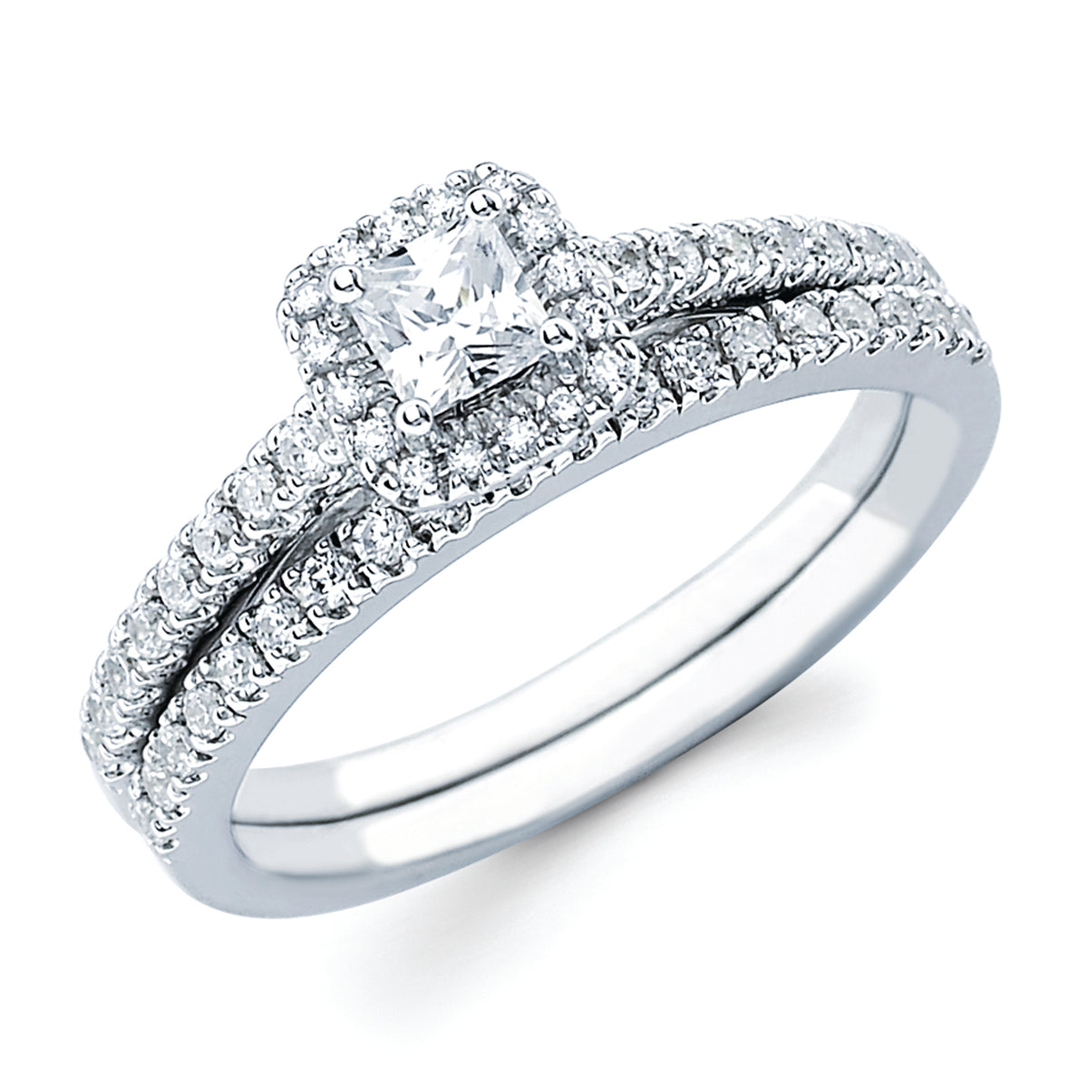 Halo Bridal: 1/5 Ctw. Diamond Halo Semi Mount available for 1/4 Ct. Princess Cut Center Diamond in 14K Gold