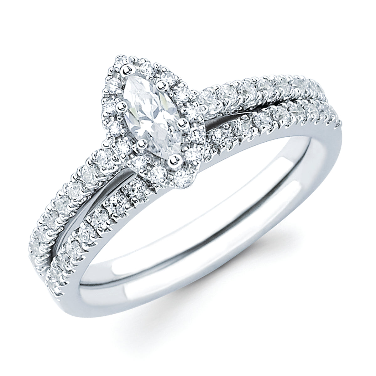 Halo Bridal: 1/4 Ctw. Diamond Halo Semi Mount available for 1/4 Ct. Marquise Cut Center Diamond in 14K Gold