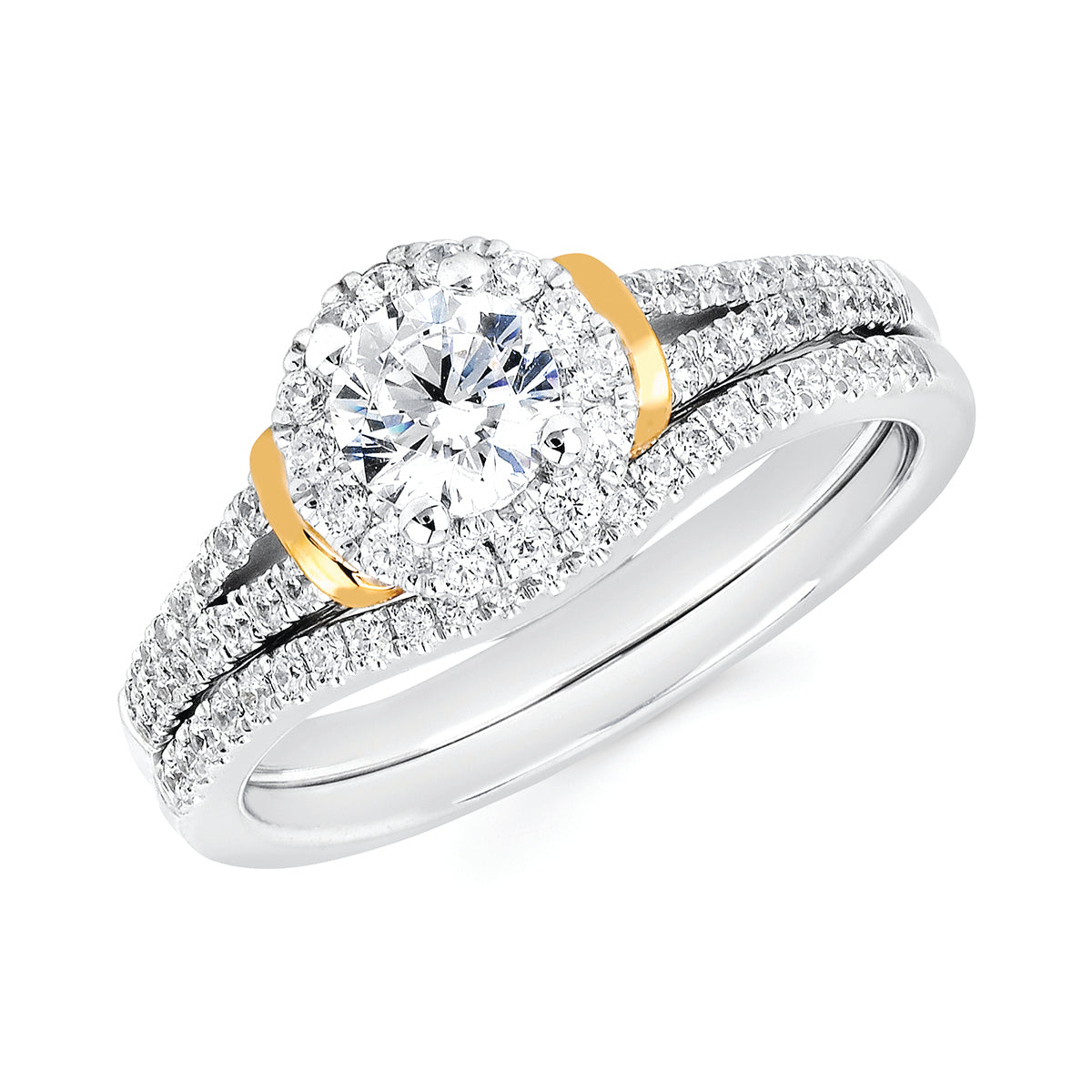 14K Gold Round Brilliant Diamond Halo Engagement Ring with Split Shank