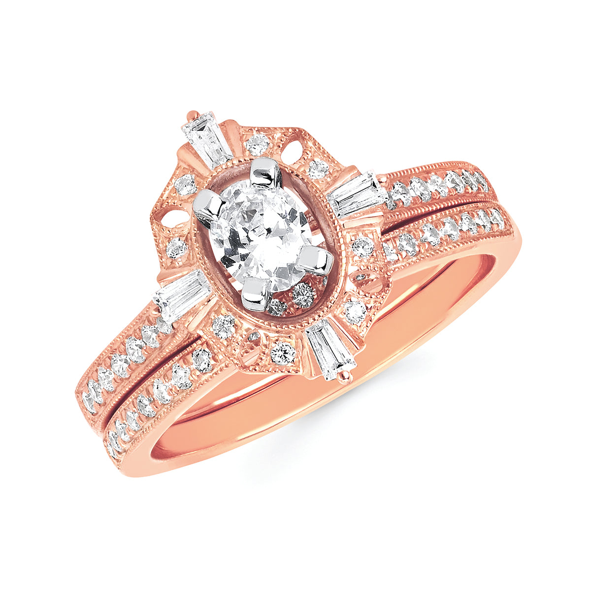 14K Rose Gold Oval Engagement Ring with Art Deco Halo
