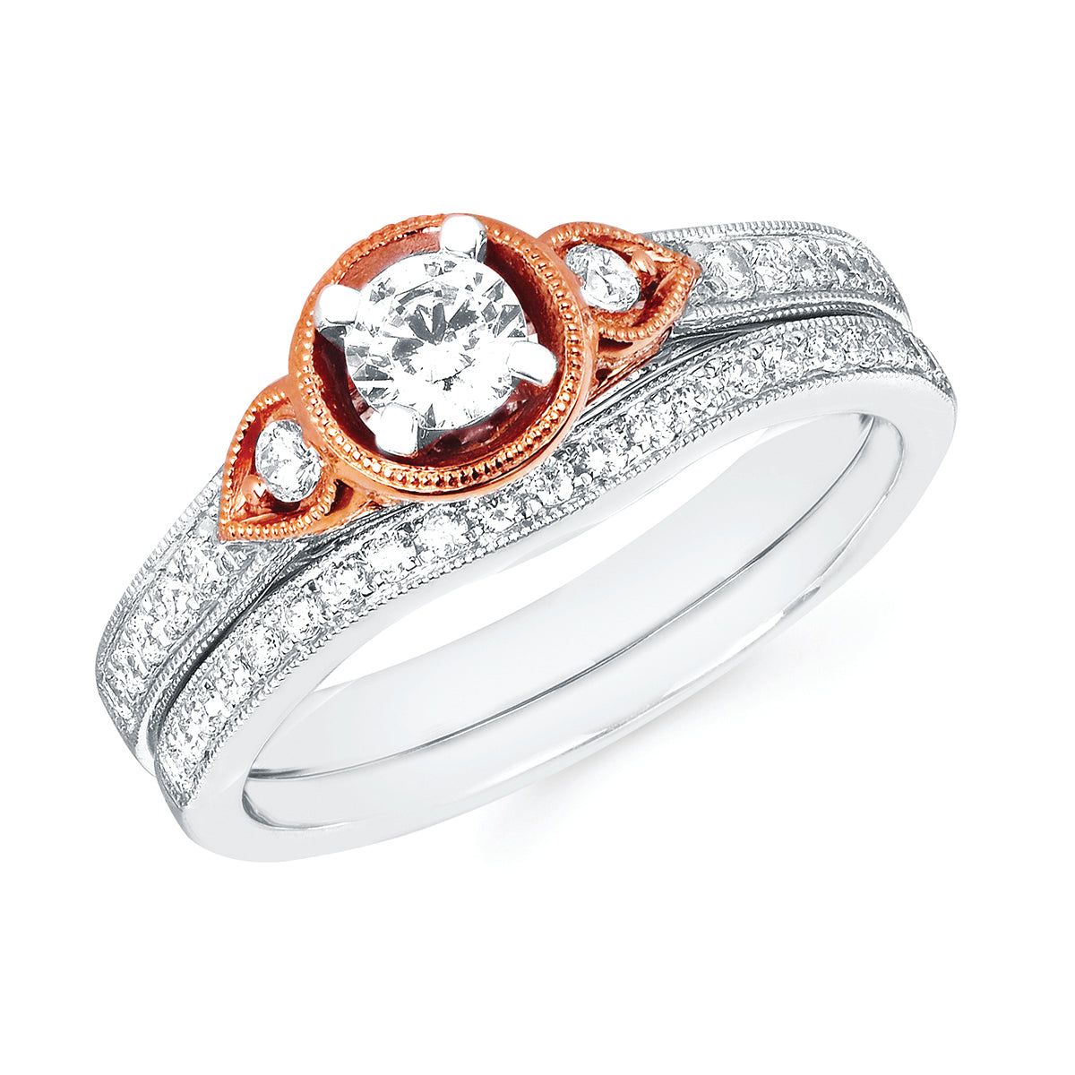 14K Two Tone Round Brilliant Diamond Engagement Ring with Milgrain Halo