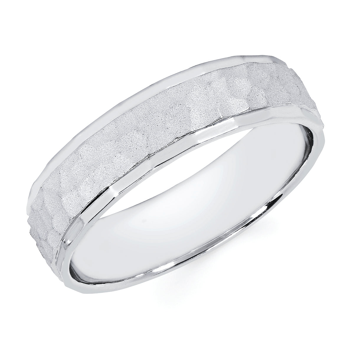 14K White Gold Beveled Edge Hammered Texture Men's Ring