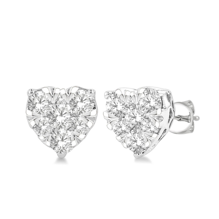 14K White Gold Diamond Composite Heart Stud Earrings