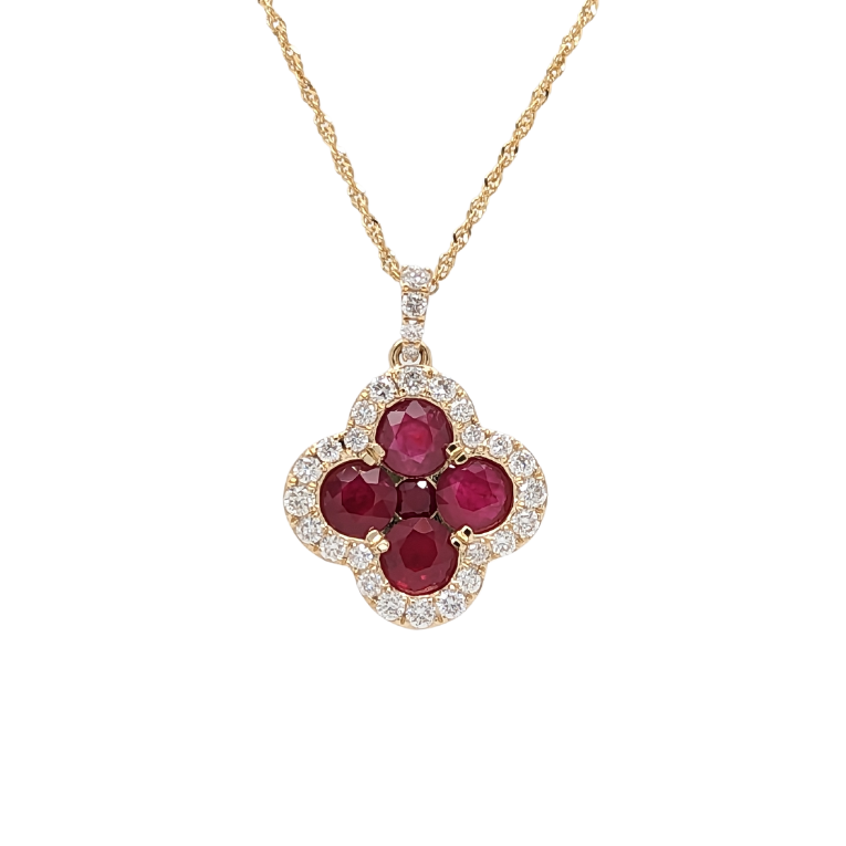 14K Yellow Gold Ruby & Diamond Clover Necklace
