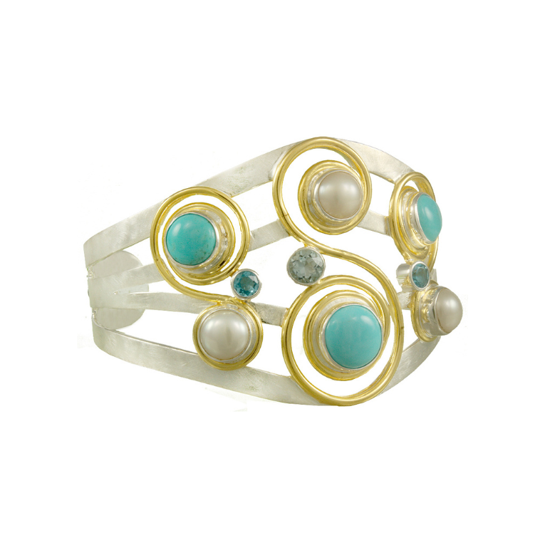 Sterling Silver and 22K Vermeil Musical Note Turquoise Cuff Bracelet