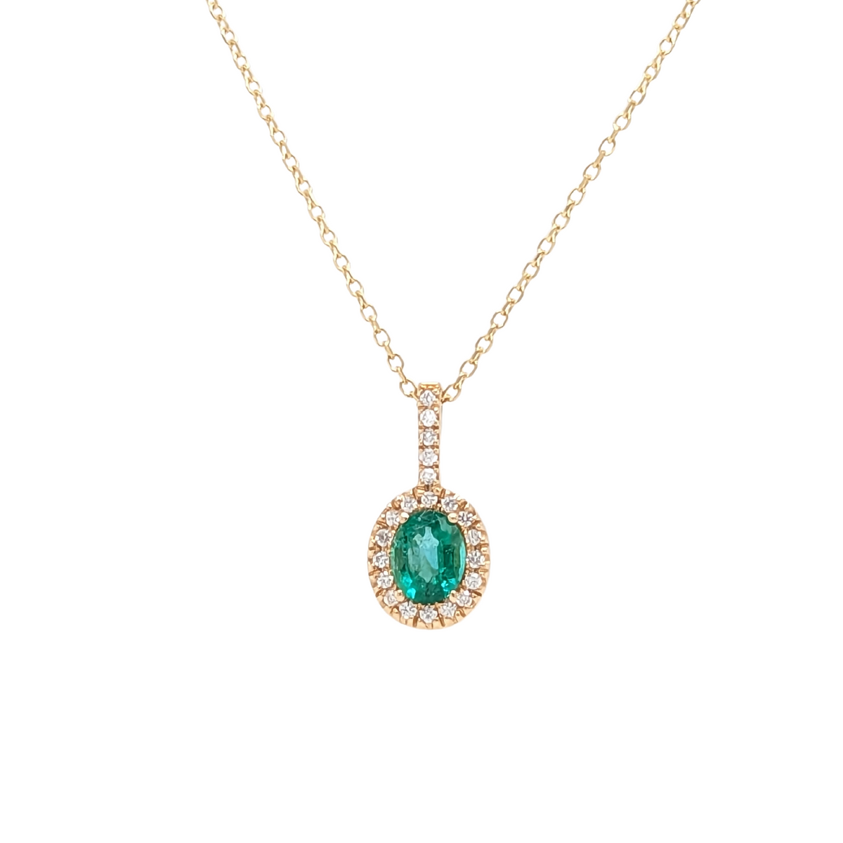 14K Gold Emerald diamond Halo Mini Pendant with Chain