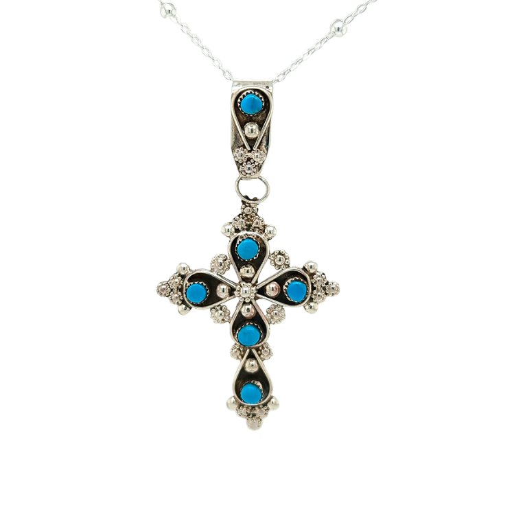 Sterling Silver Turquoise Ornate Cross Pendant