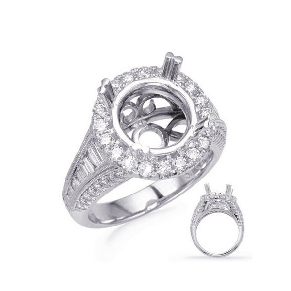 14K GoldRound Diamond Halo Engagement Ring with Baguette Diamonds